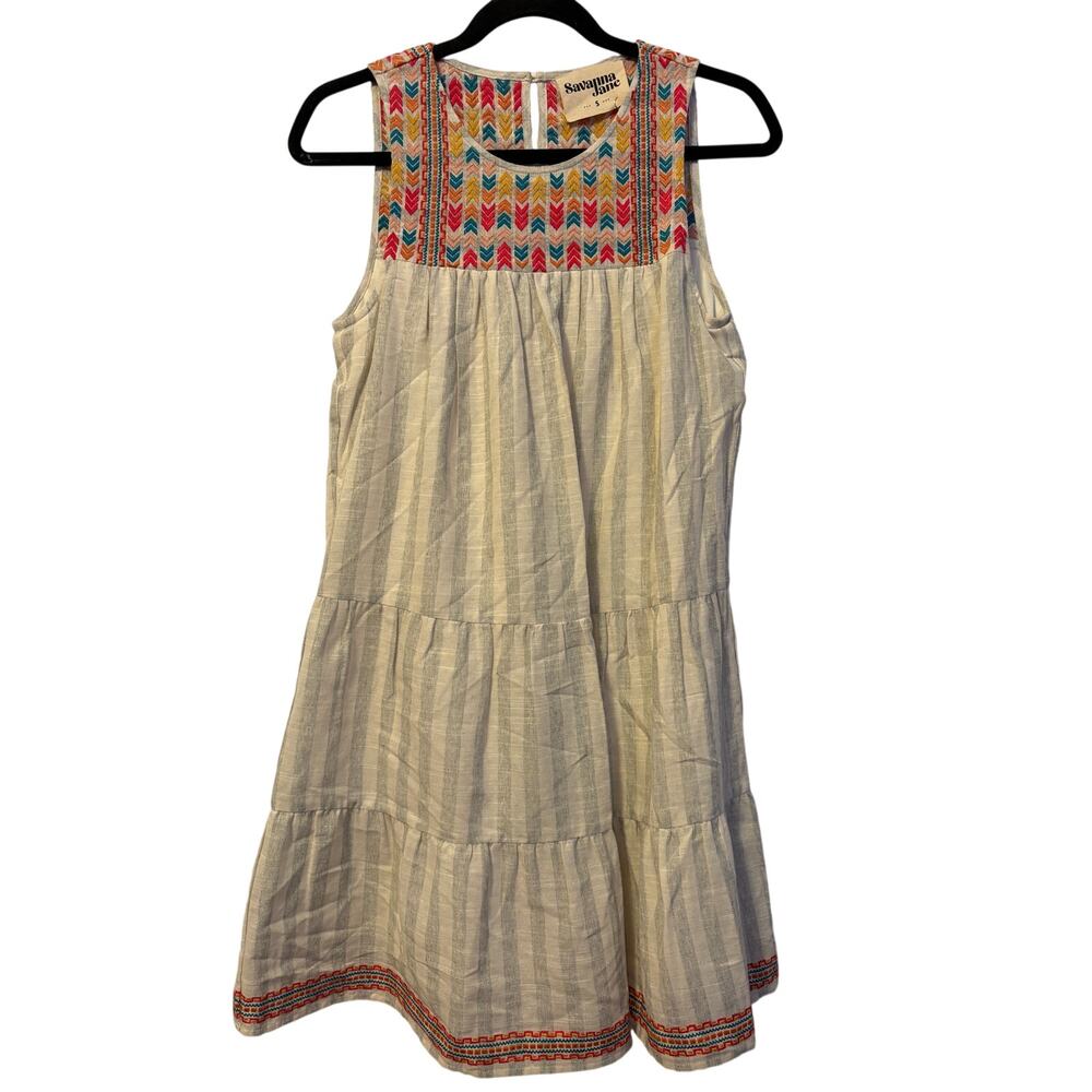 New Savanna Jane Tiered Dress Cream Red Blue Embroidered Sz S